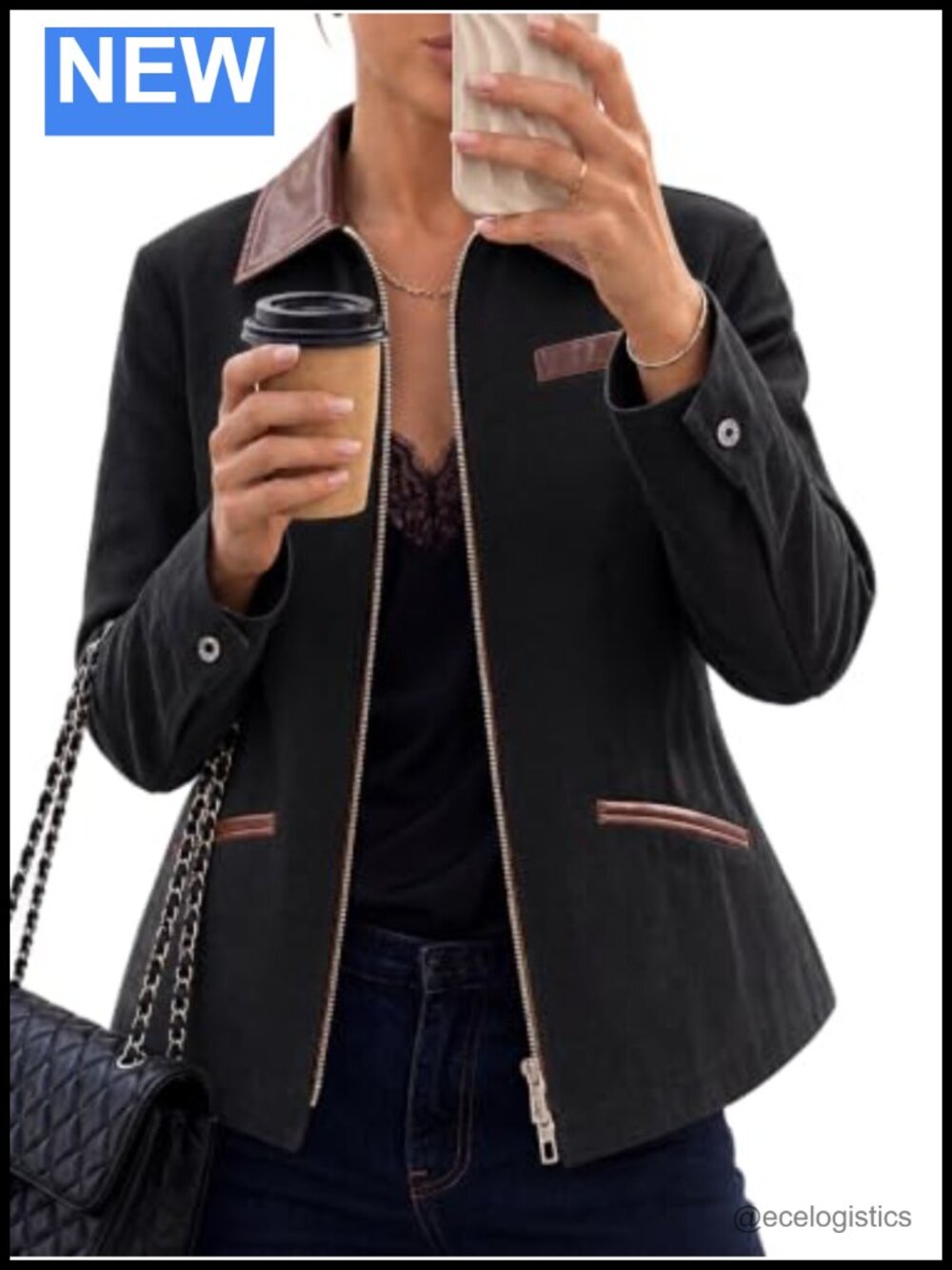 Cropped Barn Jacket Faux Leather Collar Double Zipper Cotton